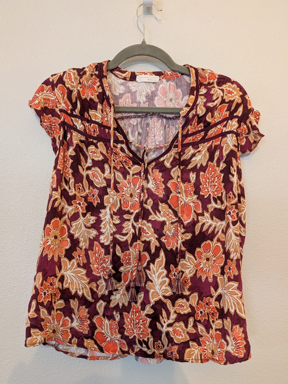 Lovestitch Boho Floral Peasant Blouse Tassel Tie Plum Terracotta - Size M